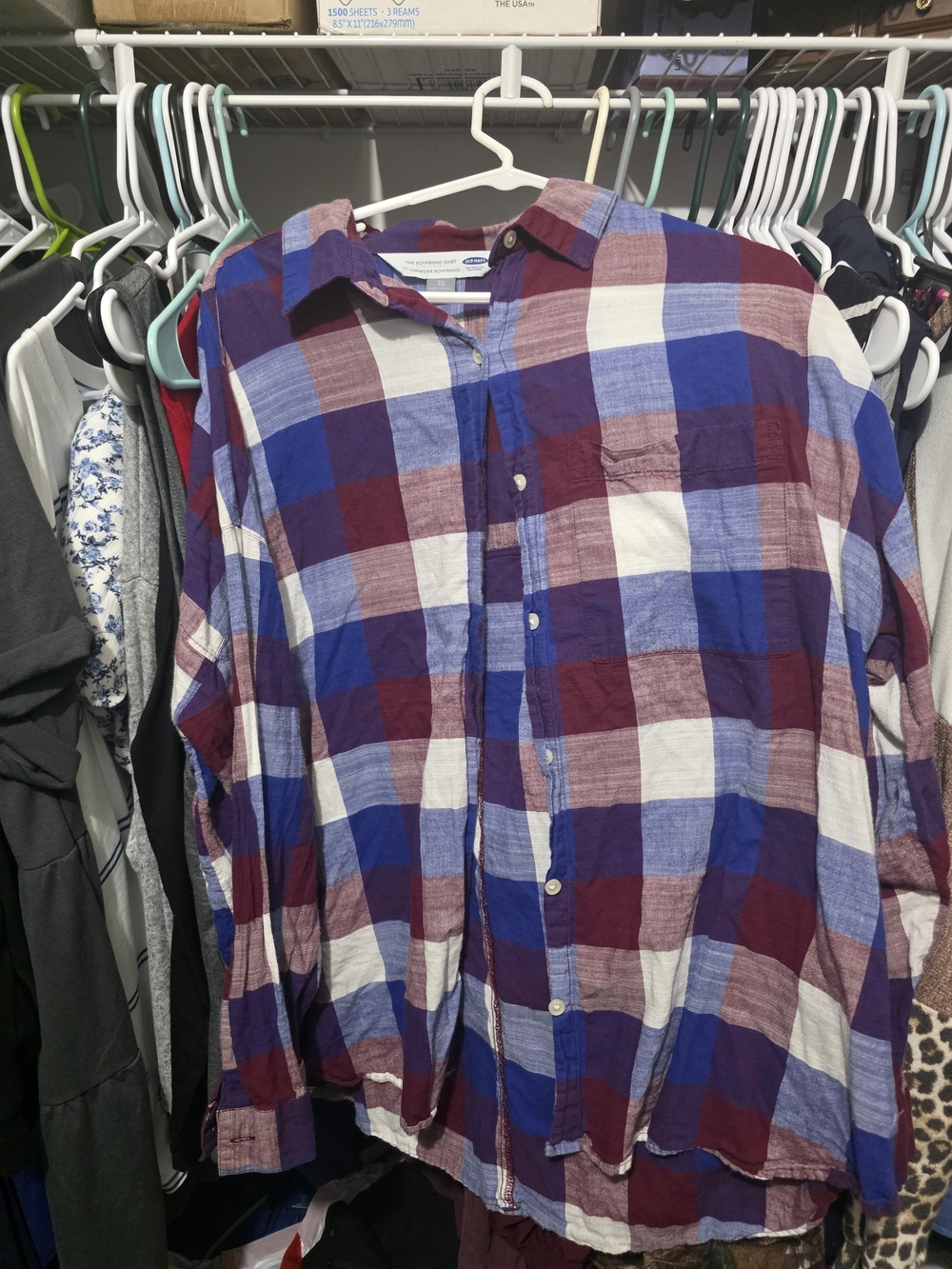 Old Navy Women's Plaid Button-Down Shirt in Blue, Purple & White